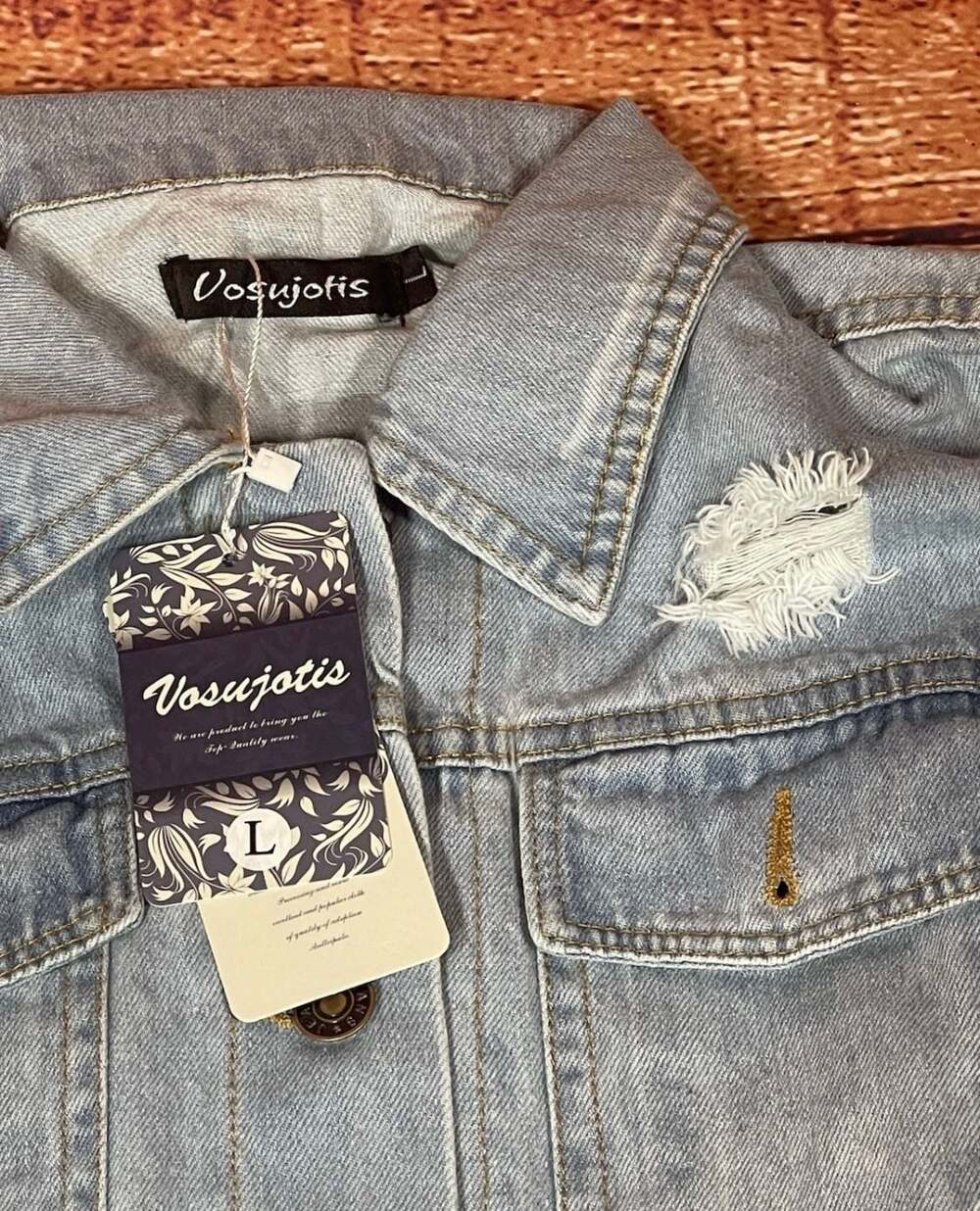 Vosujotis Distressed Light Wash Denim Jacket NWT Size L